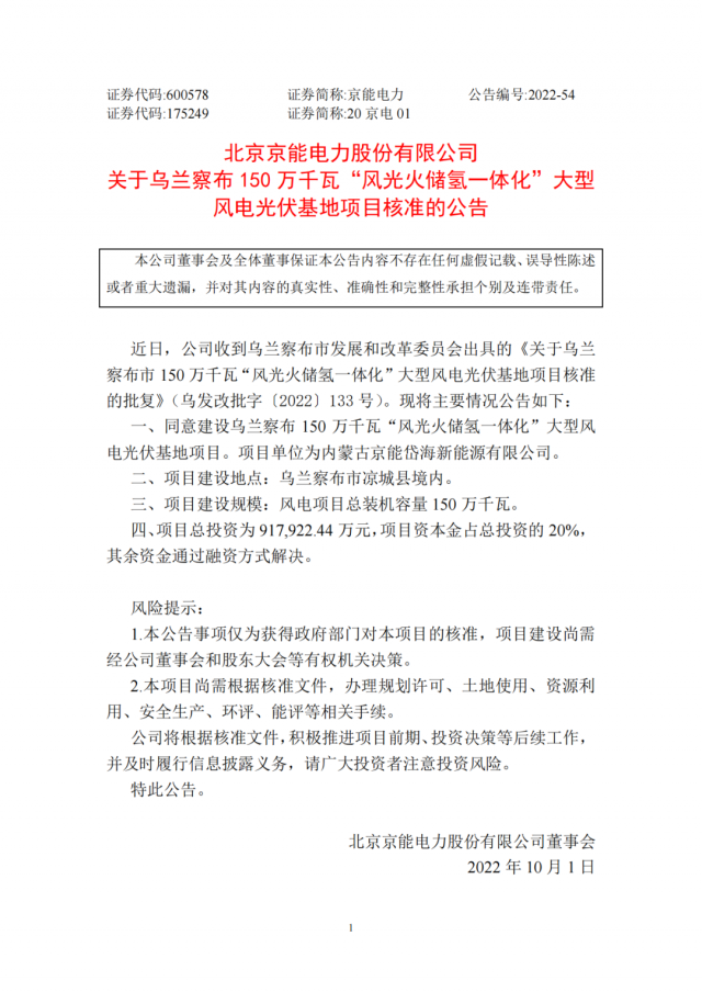 京能電力150萬千瓦“風(fēng)光火儲氫”基地獲批！