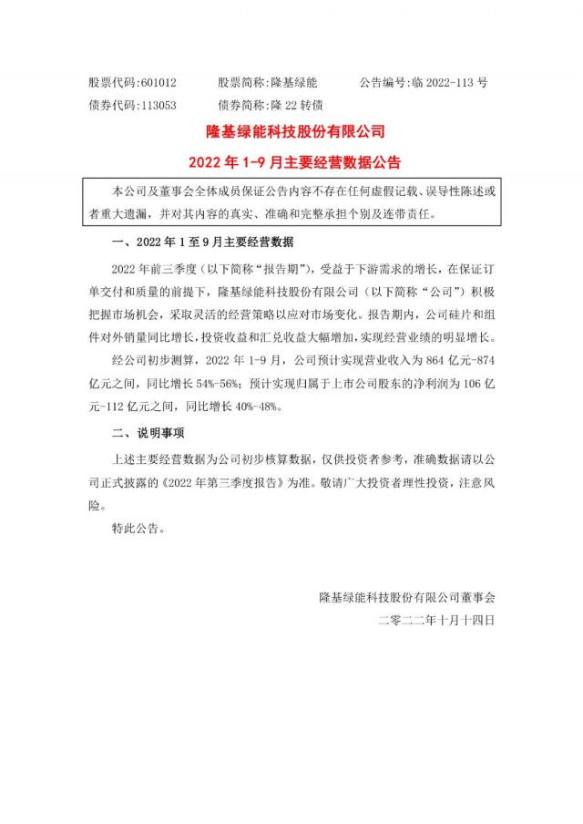 隆基綠能：營收或超864億，預計前三季凈利或在106億元-112億元之間
